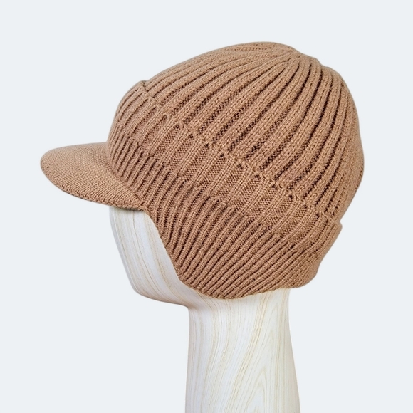 Tan Knit Cap with Ear Flaps Faux Fur Lined Winter Mens Cap MASH Style - Picture 12 of 12